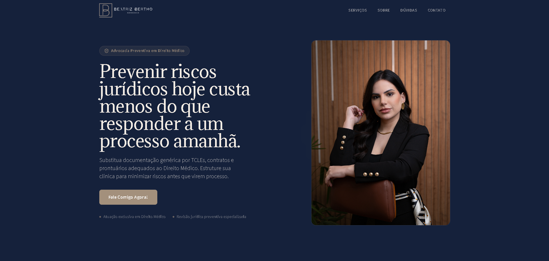 Hero da landing page Beatriz Bertho Advocacia, sobre prevenção de riscos jurídicos para médicos e clínicas